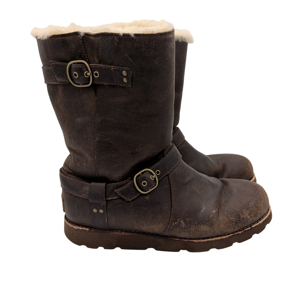 UGG Noira 1001733 Dark Brown Leather Shearling Moto Boots Womens 10 Biker